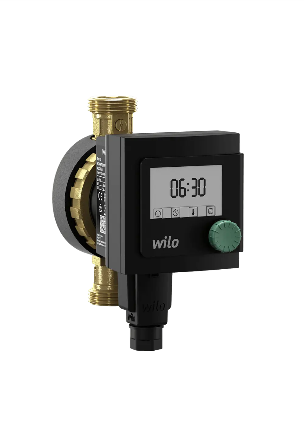 Schwarzes digitales Steuergerät von Wilo mit Bildschirm und grünem Drehknopf, verbunden mit einer Metallverbindung. Geeignet für Heizungs- und Wasserkreislaufsysteme, kompatibel mit Danfoss.